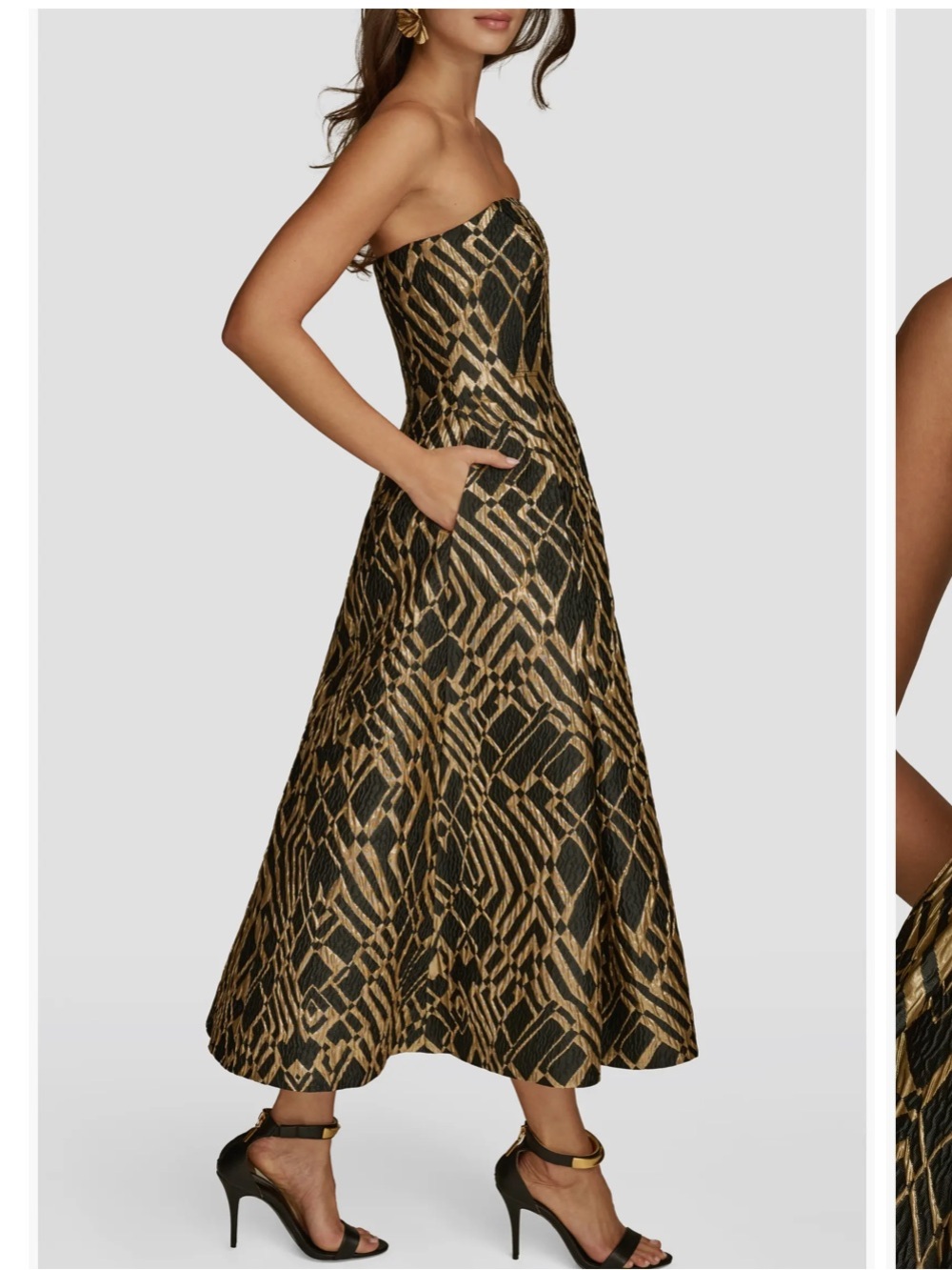 Donna Karan Strapless Jacquard Black and Gold Patterned Fit-and-Flare Dress - Picture 3 of 6